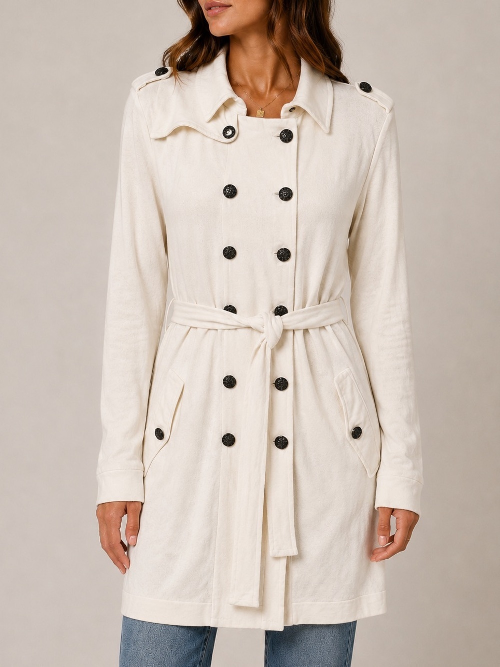 Free People Ivory Double Breasted Belted Sweater Coat Cardigan M